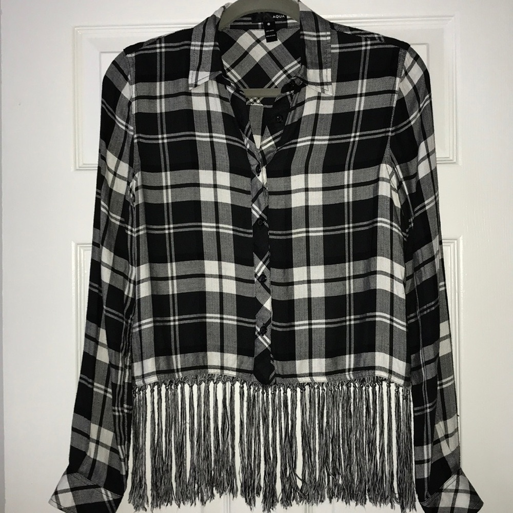 Fringed Cropped Woman’s Blouse Black White Plaid Button Up Top Size XSMALL